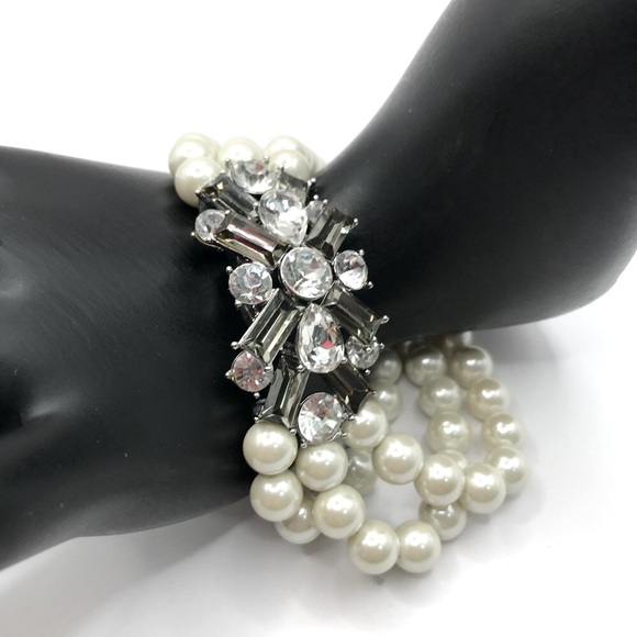 Unsigned Jewelry - Lustrous Triple Strand Faux Pearl and Crystal Stretch Bracelet